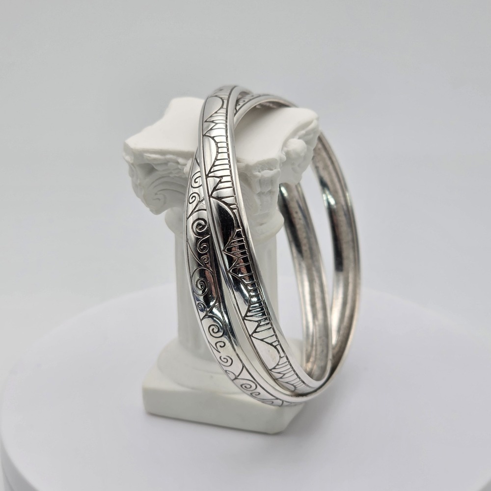 Vtg BRIGHTON 'Avenue' Bracelet Etched Double Interlocked Bangles‎ Silver Plated